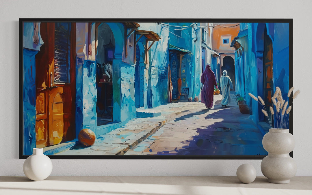 Chefchauen Blue Street Painting Morocco Framed Canvas Wall Art