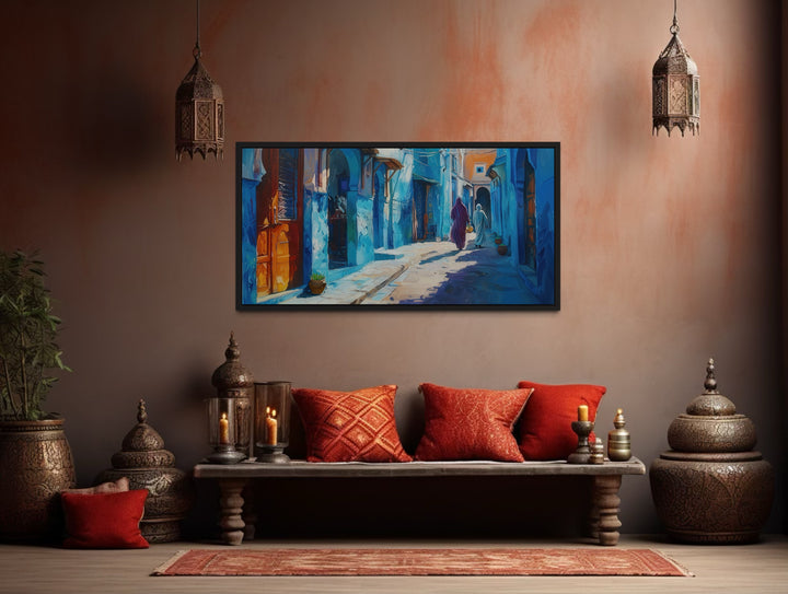 Chefchauen Blue Street Painting Morocco Framed Canvas Wall Art