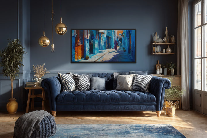 Chefchauen Blue Street Painting Morocco Framed Canvas Wall Art