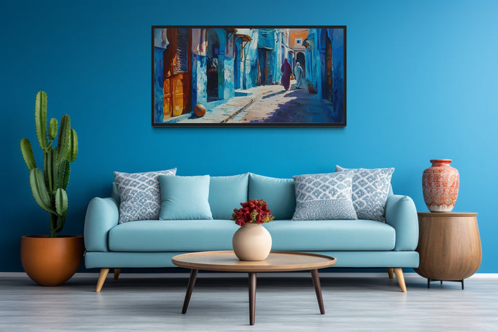 Chefchauen Blue Street Painting Morocco Framed Canvas Wall Art