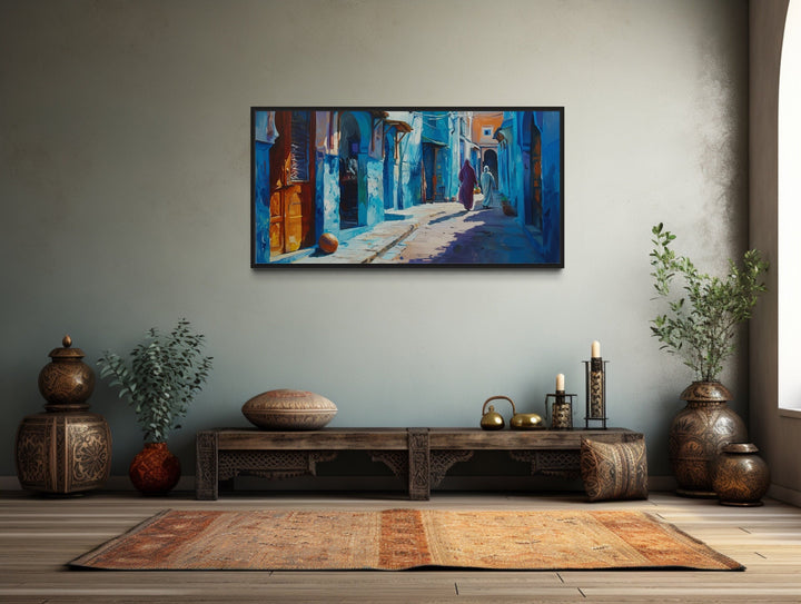 Chefchauen Blue Street Painting Morocco Framed Canvas Wall Art