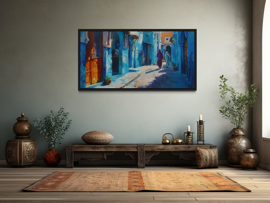 Chefchauen Blue Street Painting Morocco Framed Canvas Wall Art