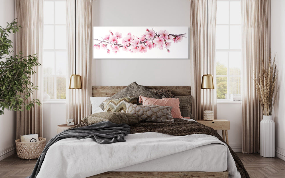 Cherry Blossom Watercolor Painting Long Horizontal Wall Art above bed