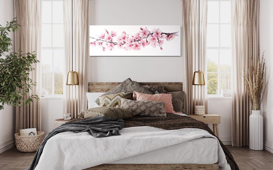 Cherry Blossom Watercolor Painting Long Horizontal Wall Art