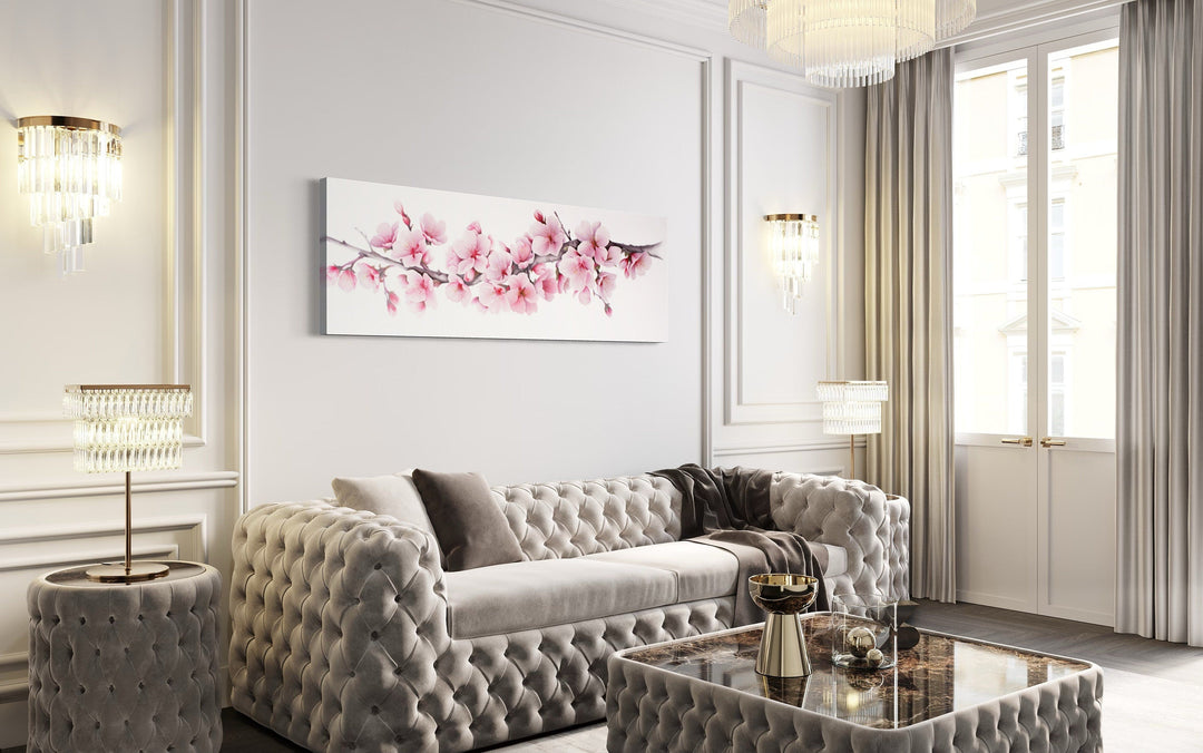 Cherry Blossom Watercolor Painting Long Horizontal Wall Art