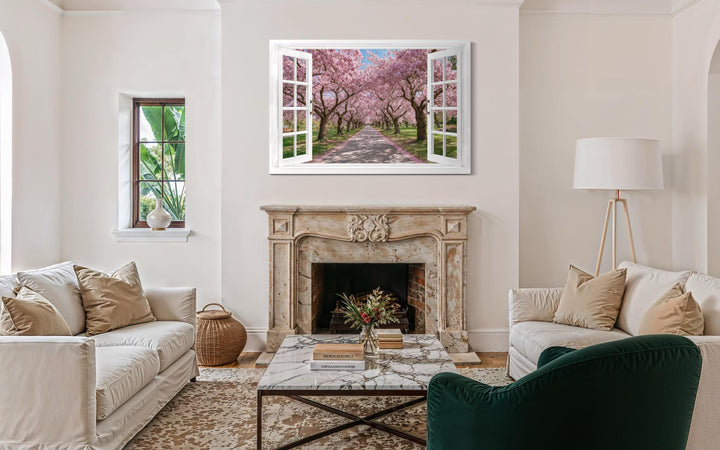 Cherry blossom window view wall art hanging above a fireplace in a bright, modern living room.