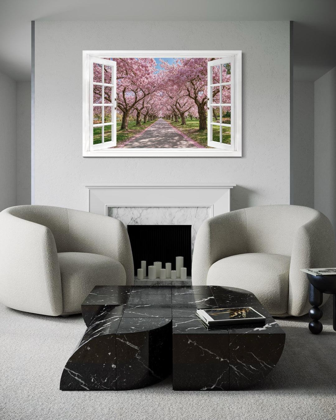 A framed canvas print of a cherry blossom path seen through an open white window frame.