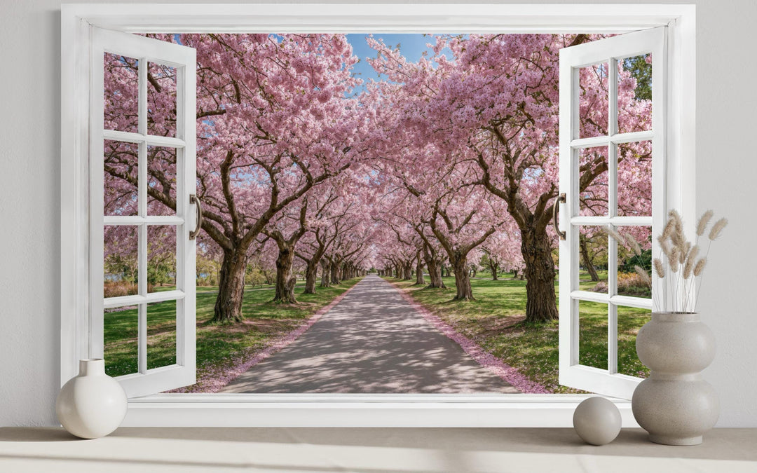 Trompe l'oeil wall art of an open white window overlooking a path lined with pink cherry blossoms.