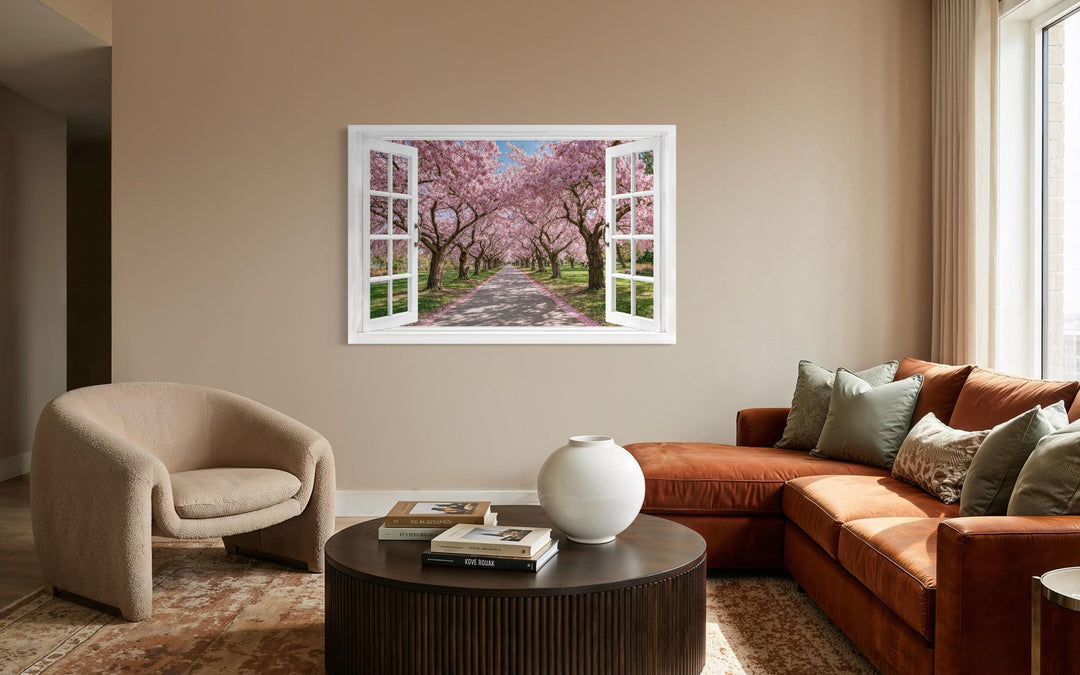 A window-view canvas print of a cherry blossom path hangs in a modern living room.