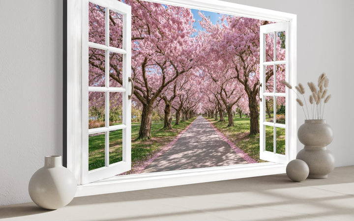 A window-view canvas print of a cherry blossom path framed by white shutters on a neutral wall.