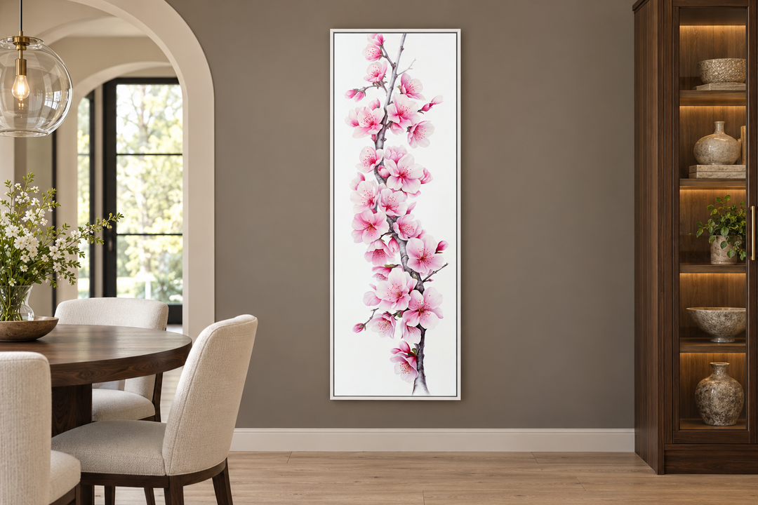 Vertical framed canvas wall art featuring pink watercolor cherry blossom sakura on a white background