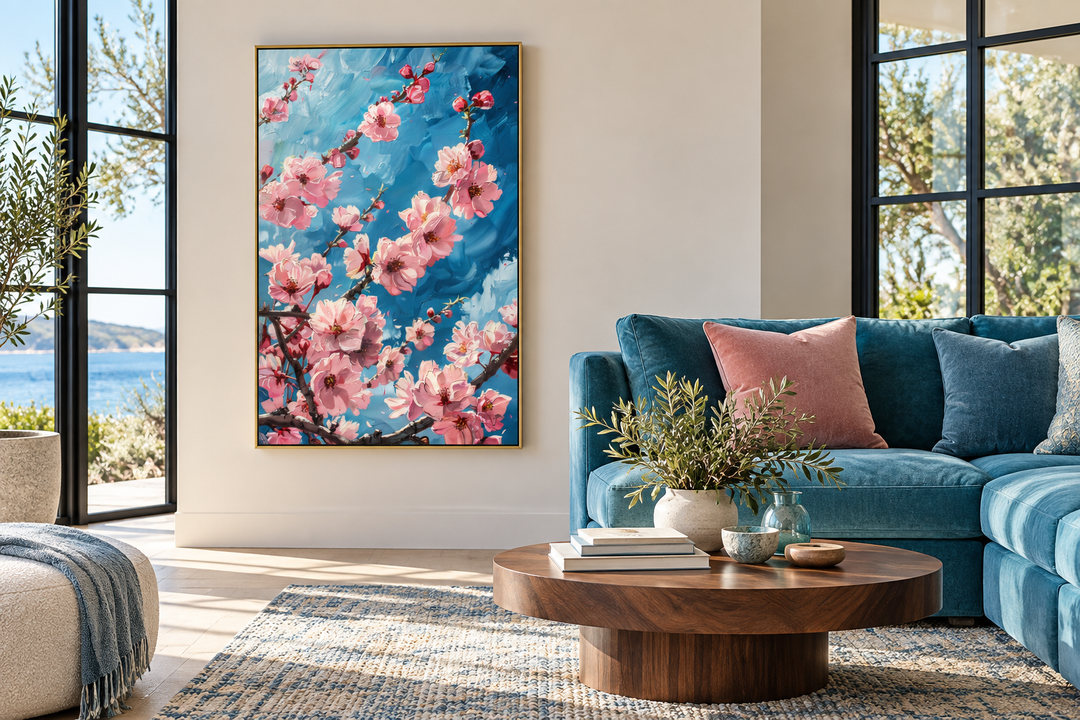 Framed canvas wall art featuring pink cherry blossom branches against a vibrant blue background.