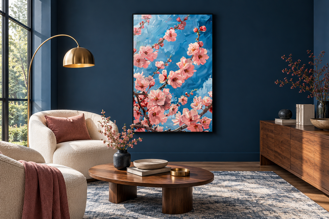 Cherry Blossom Pink Blue Sakura Branch Framed Canvas Wall Art hanging in a modern living room.
