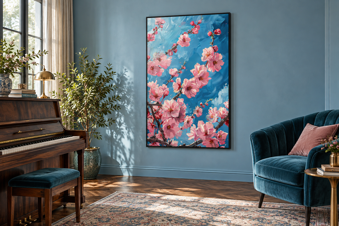 Framed canvas wall art featuring pink cherry blossom branches against a textured blue background.