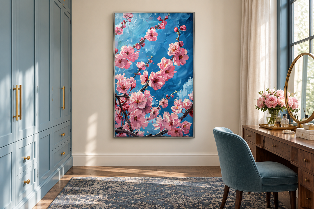 Framed canvas wall art of pink cherry blossom branches against a vibrant blue background.