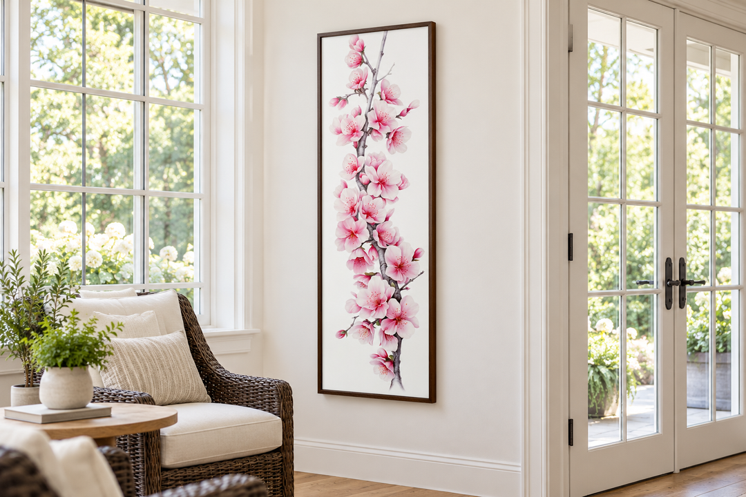 Vertical framed canvas wall art featuring pink watercolor cherry blossoms in a bright sunroom.