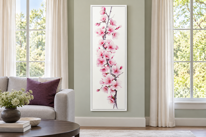 Long narrow vertical framed canvas wall art featuring pink watercolor cherry blossoms on a branch.