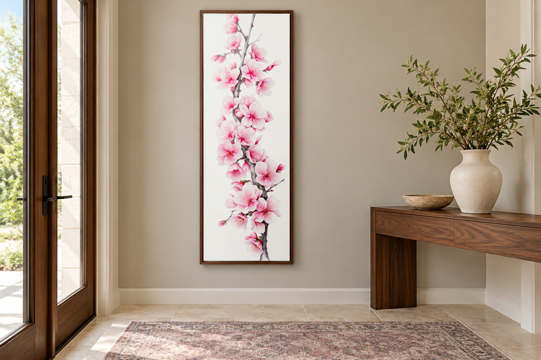 Vertical framed canvas wall art featuring pink watercolor cherry blossoms in a modern entryway.