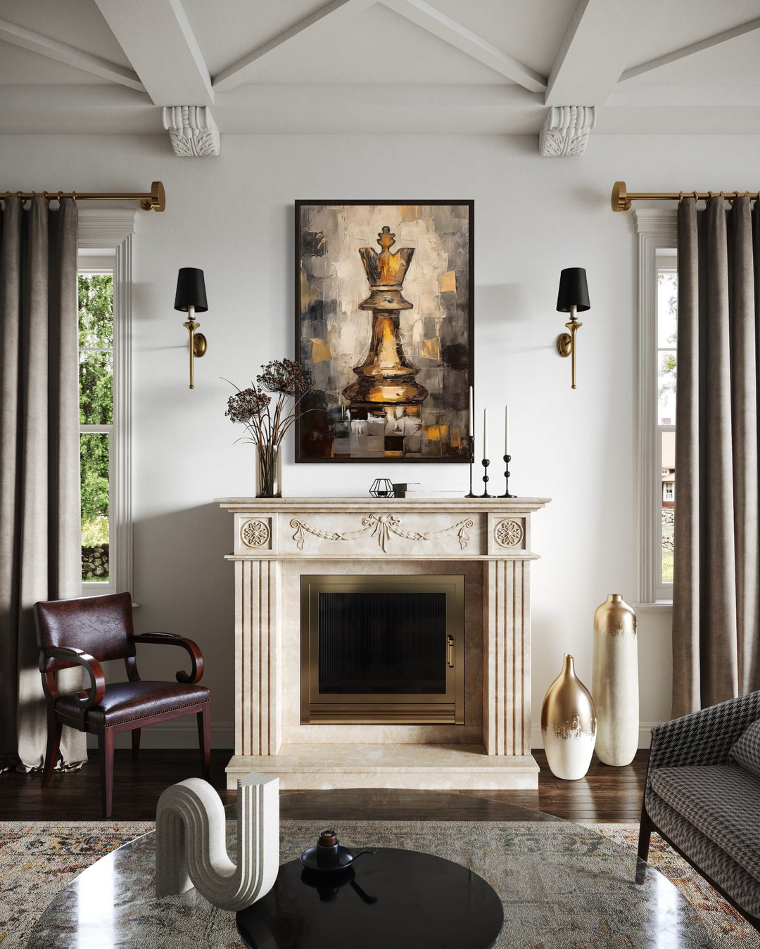 Chess King framed canvas wall art in black and gold abstract style above a fireplace mantel.