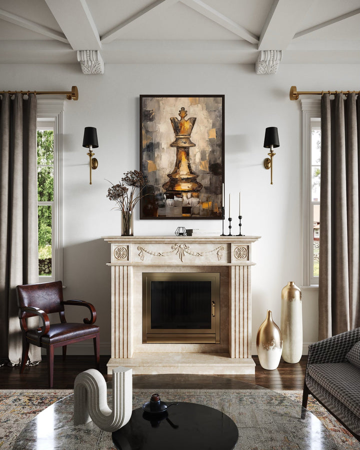 Chess King framed canvas wall art in black and gold abstract style above a fireplace mantel.