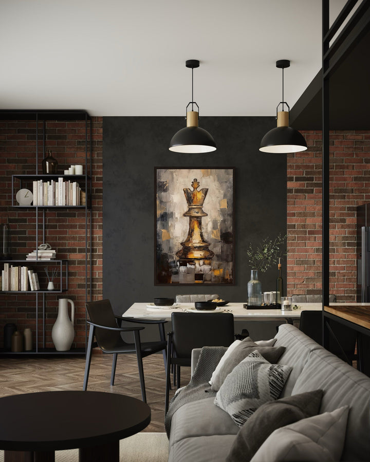 Chess King framed canvas wall art in a black and gold abstract style hanging in a modern dining room.