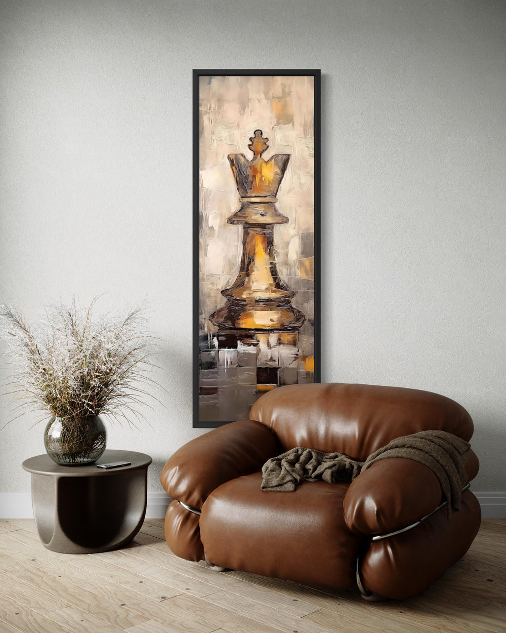 Tall narrow canvas wall art featuring a golden chess king piece in a modern, textured painting style.