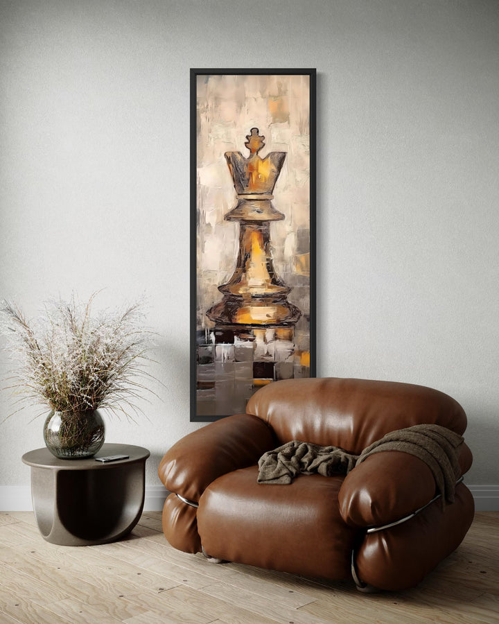 Tall narrow canvas wall art featuring a golden chess king piece in a modern, textured painting style.