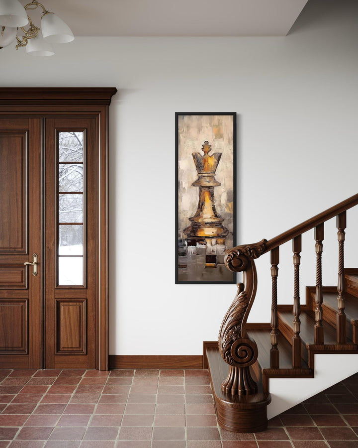 Tall narrow canvas wall art featuring a golden chess king piece in a classic interior setting.
