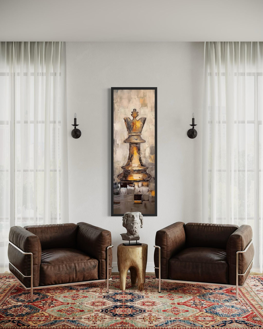 Tall narrow canvas wall art featuring a golden chess king piece in a modern living room.