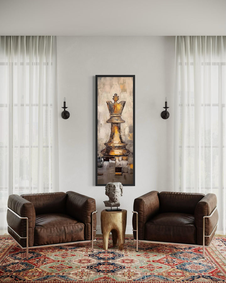 Tall narrow canvas wall art featuring a golden chess king piece in a modern living room.