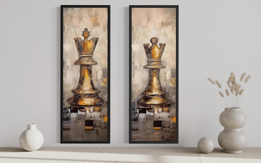 Two tall narrow canvas prints featuring a golden chess king and queen in an abstract painted style.