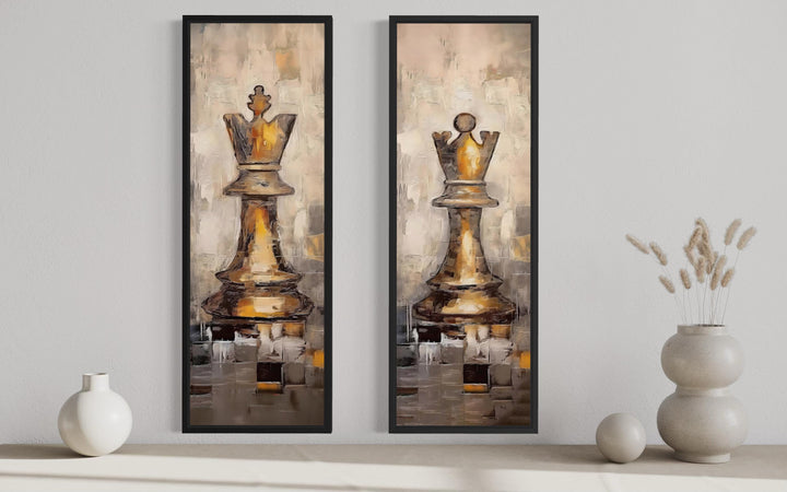 Two tall narrow canvas prints featuring a golden chess king and queen in an abstract painted style.