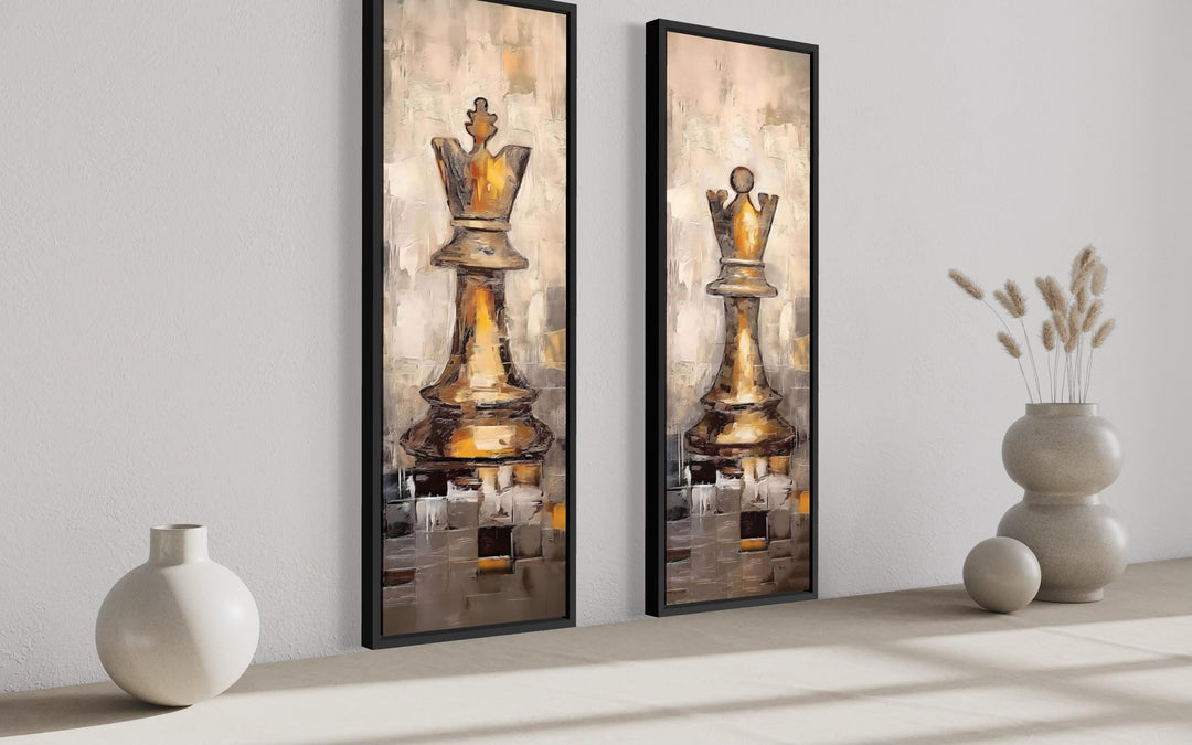 Two tall narrow canvas prints featuring a golden chess king and queen in a modern painterly style.