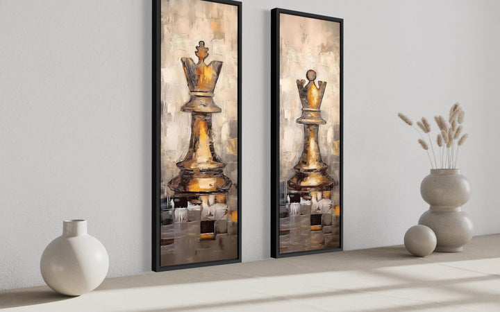 Two tall narrow canvas prints featuring a golden chess king and queen in a modern painterly style.