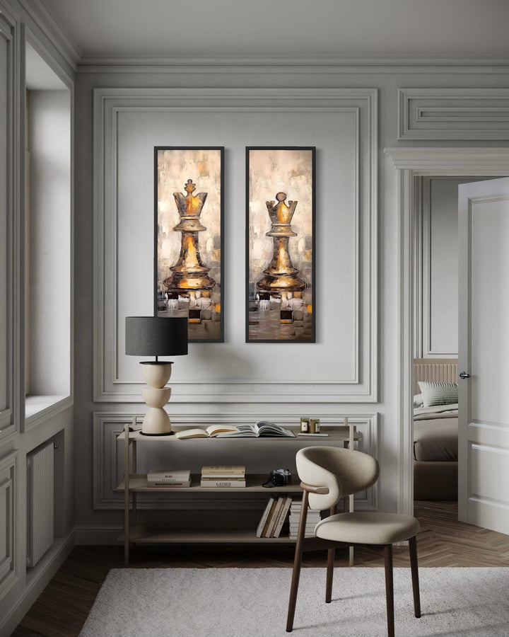 Chess King and Queen set of 2 tall narrow canvas wall art prints in a modern interior.