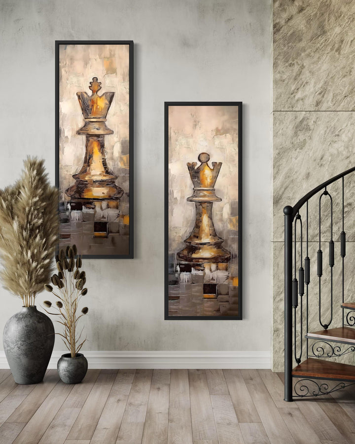 Set of two tall narrow canvas prints featuring a golden chess king and queen in an abstract style.