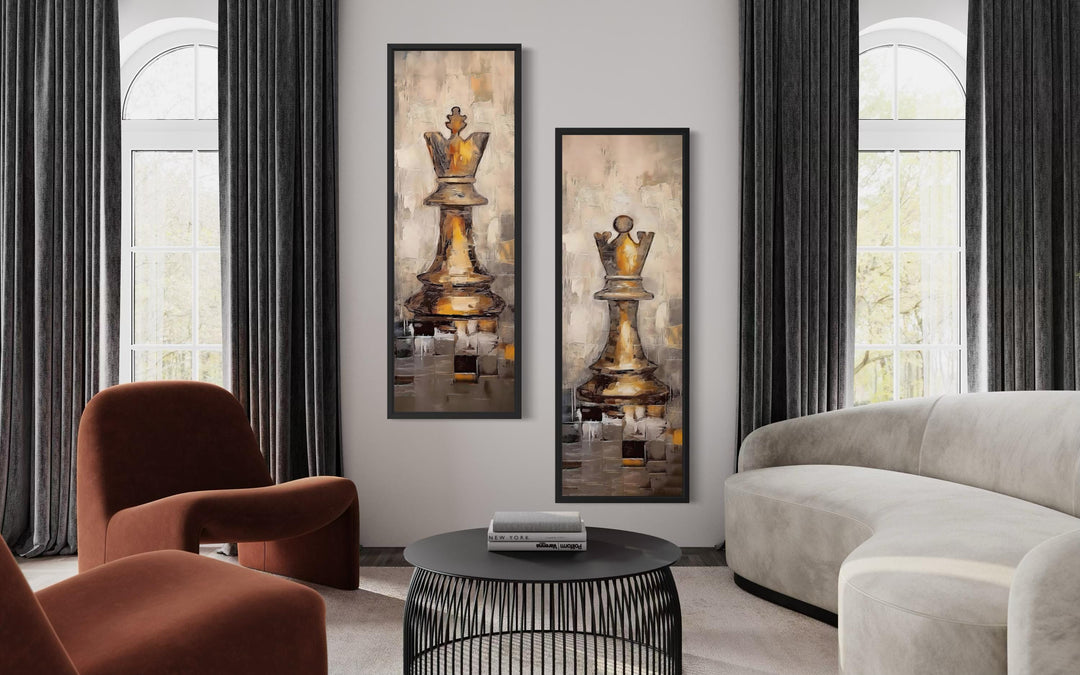 A set of two tall narrow canvas prints featuring a golden chess king and queen in a modern art style.