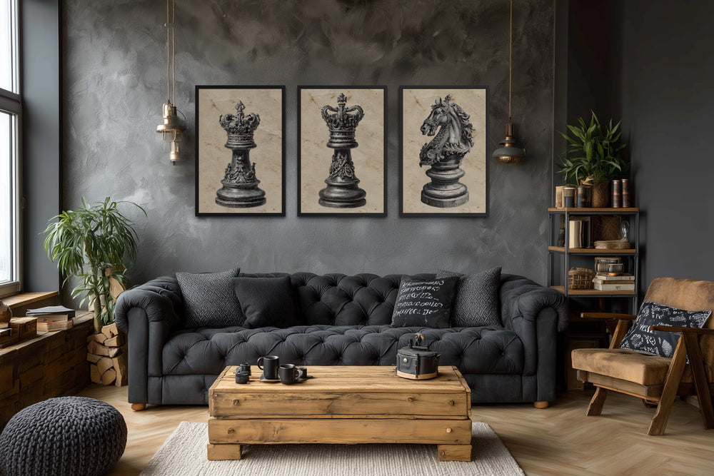 Chess Wall Art – Vintage Black White Canvas Set of 3 King Queen Knight Decor for Men