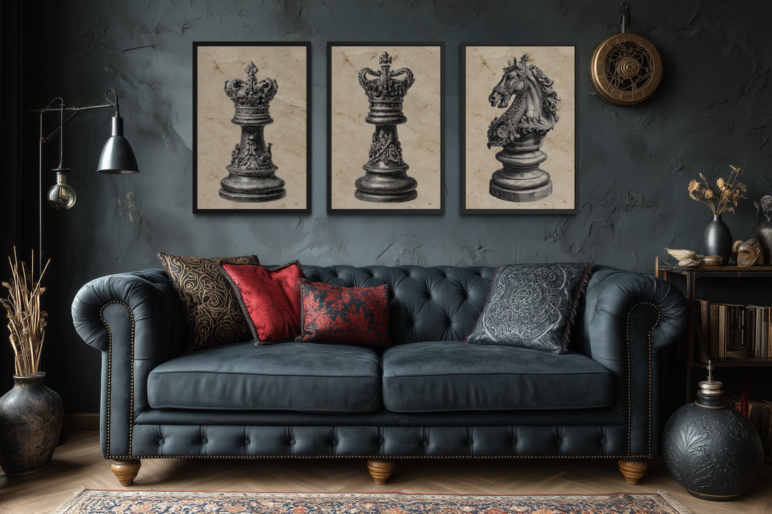 Chess Wall Art – Vintage Black White Canvas Set of 3 King Queen Knight Decor for Men
