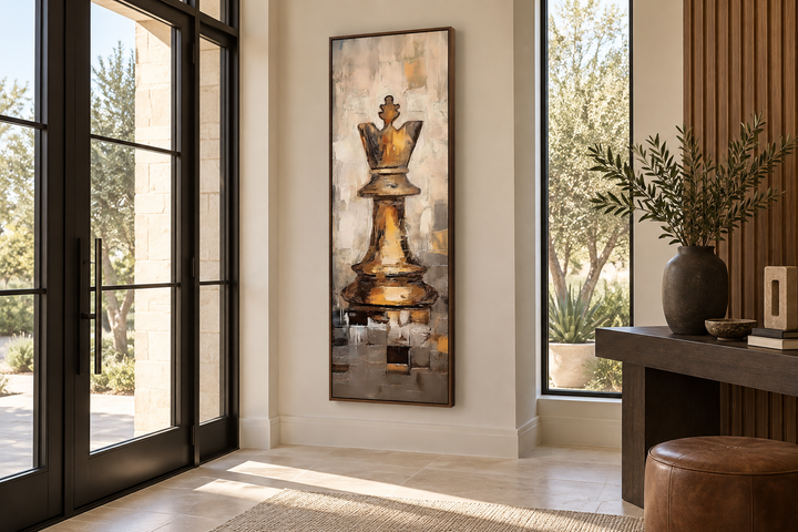 Vertical slim canvas wall art featuring a tall, abstract golden chess king in a modern home entry.