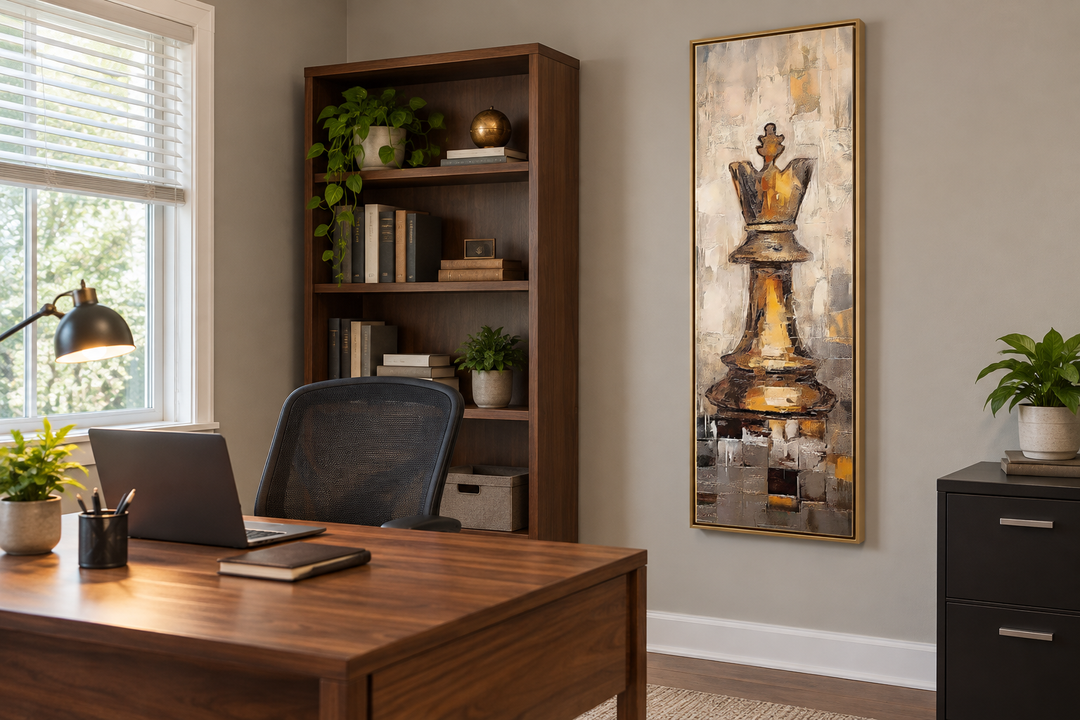 Vertical slim canvas wall art of a golden chess king in a home office above a desk.