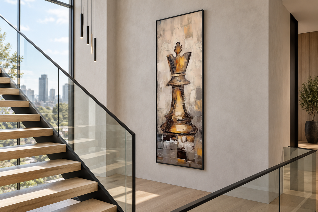 Vertical slim canvas wall art of a golden chess king in a modern hallway with a wooden staircase.