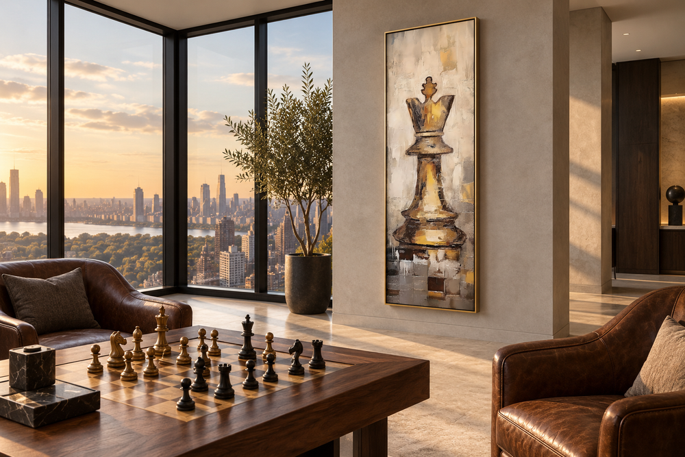 Vertical slim canvas wall art of a golden chess king in a modern office with a city view.