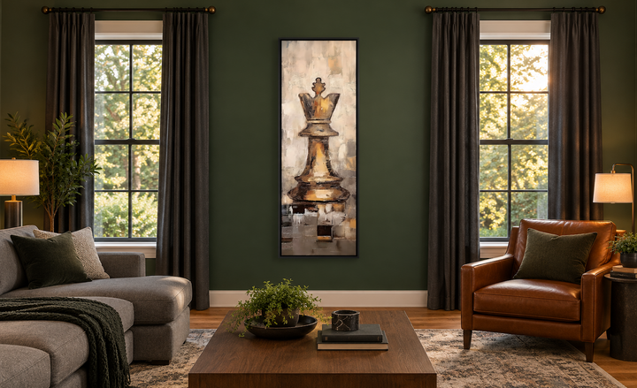 Vertical slim canvas wall art featuring a golden chess king piece on a dark green wall.