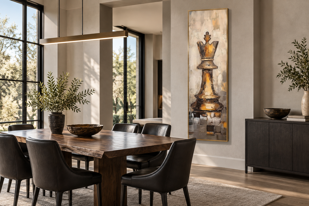 Vertical slim canvas wall art featuring a golden chess king in a modern dining room setting.
