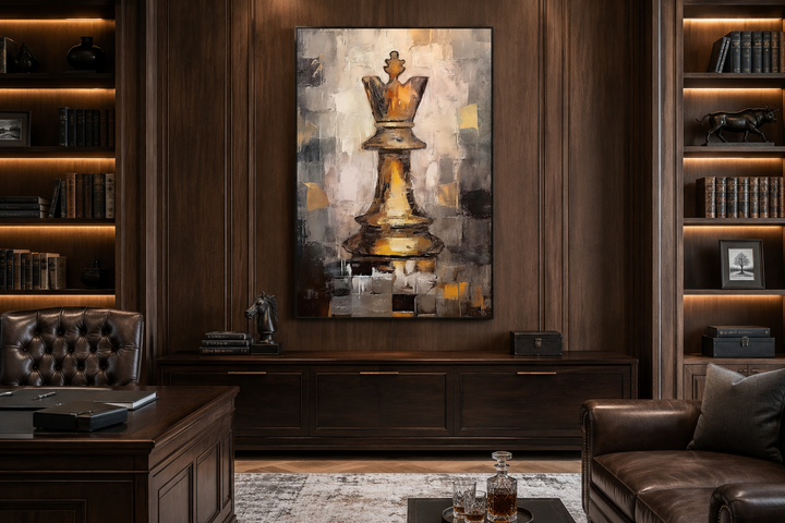 Abstract black and gold Chess King framed canvas wall art in a dark wood paneled office setting.