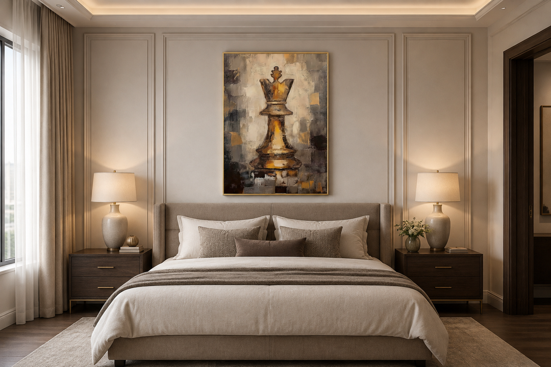 Framed abstract canvas wall art of a golden chess king centered above a bed in a modern bedroom.
