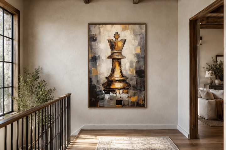 Framed canvas wall art of a golden chess king in an abstract black and gold painting style.
