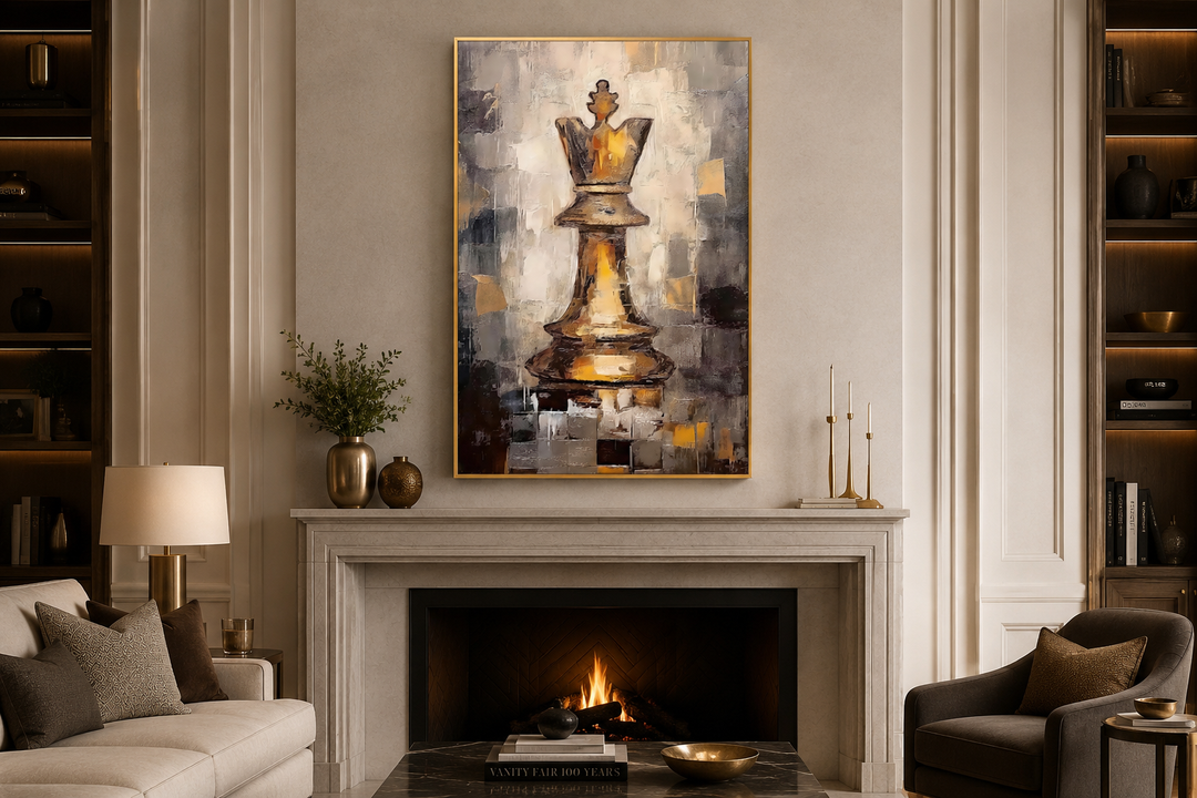 Chess King framed canvas wall art in black and gold abstract style above a fireplace mantel.