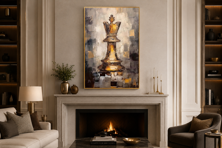 Chess King framed canvas wall art in black and gold abstract style above a fireplace mantel.